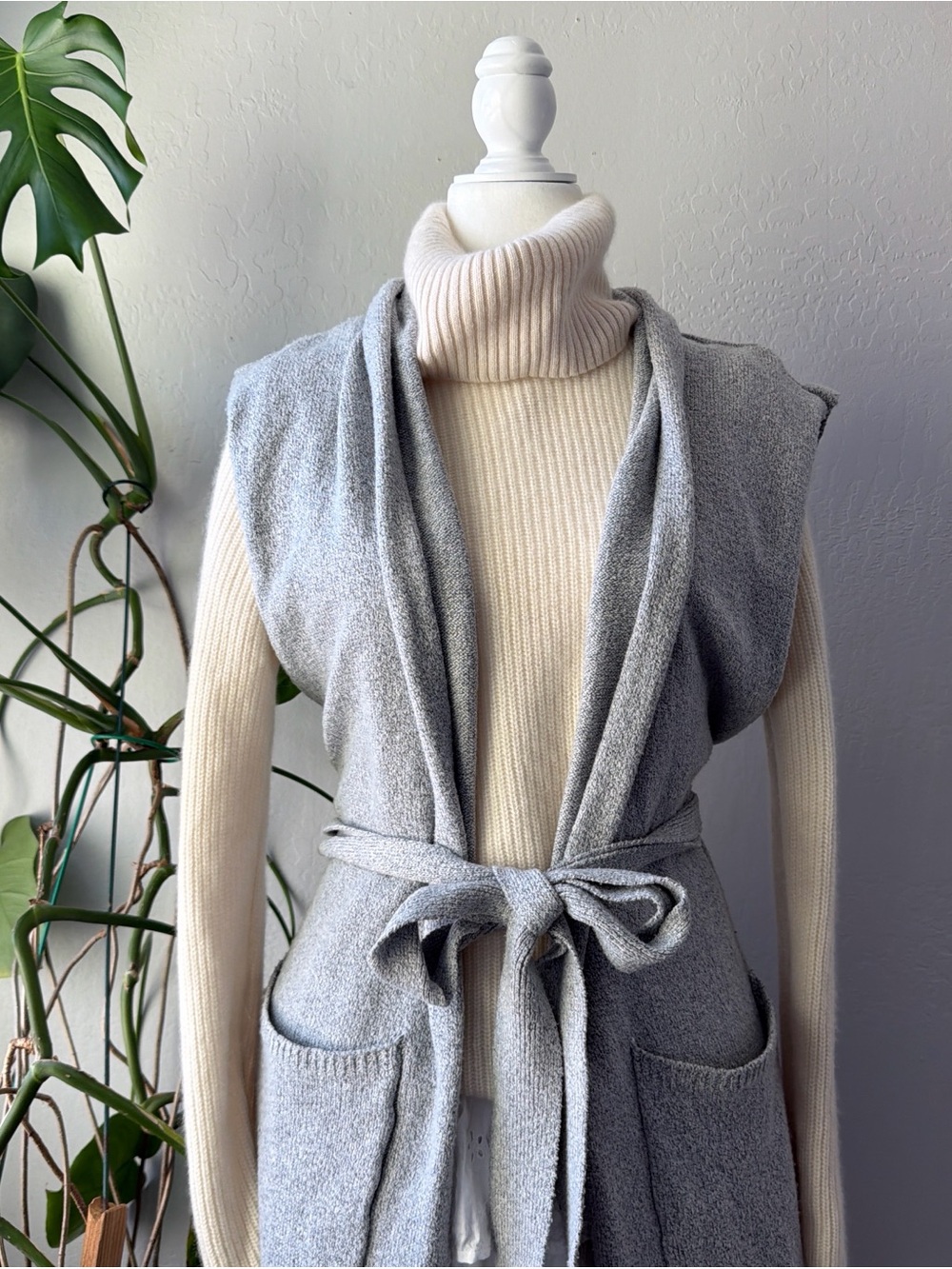 August Silk Cozy Grey Sleeveless Knit Vest with Tie Belt